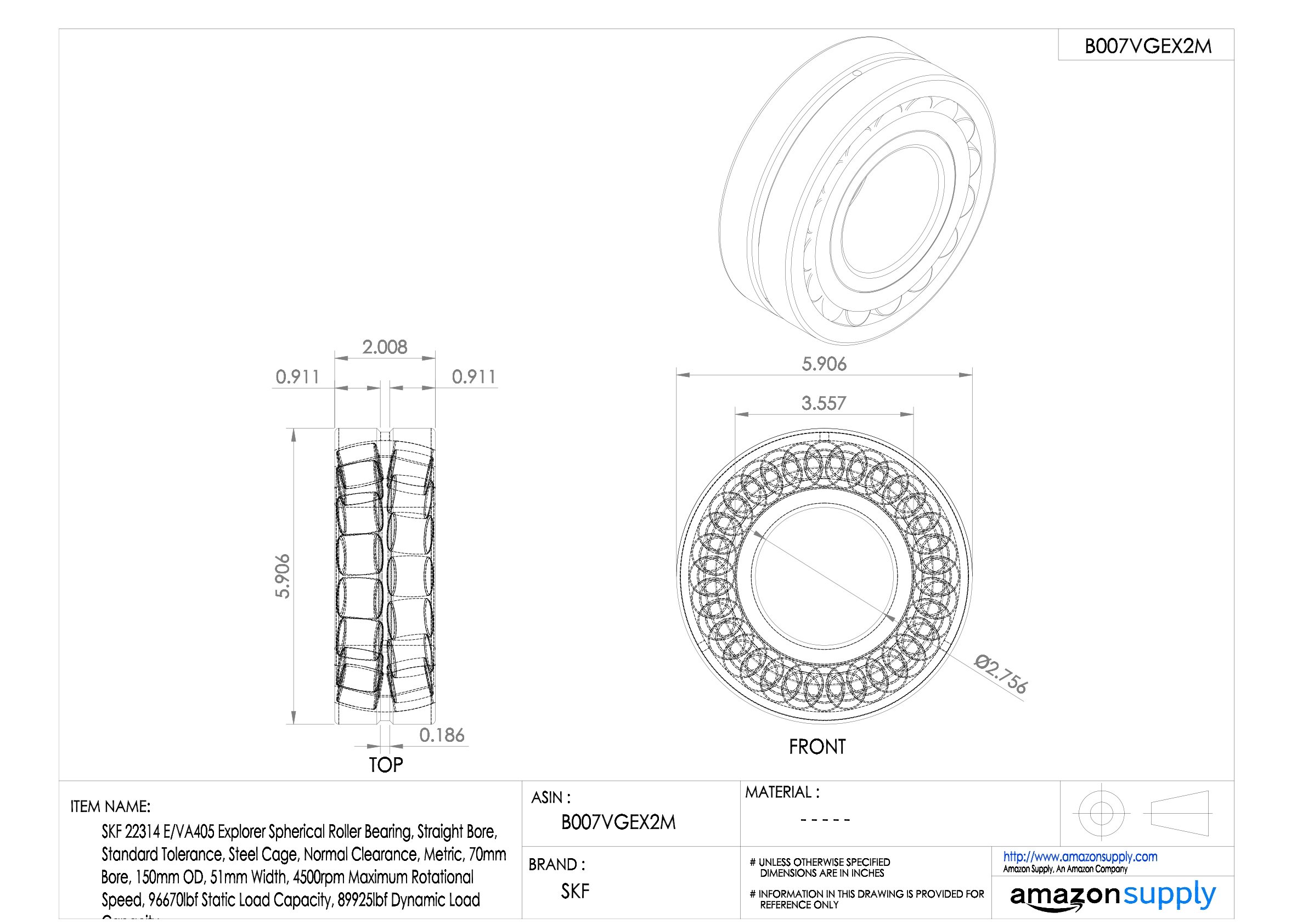 SKF 22314 E/VA405 Explorer Spherical Roller Bearing, Straight Bore